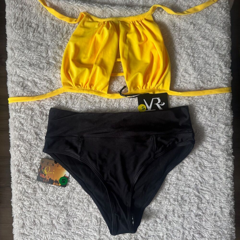 Venice Rani Swimwear Yellow Black Halter & High Waisted Two Piece Bikini S NWT
